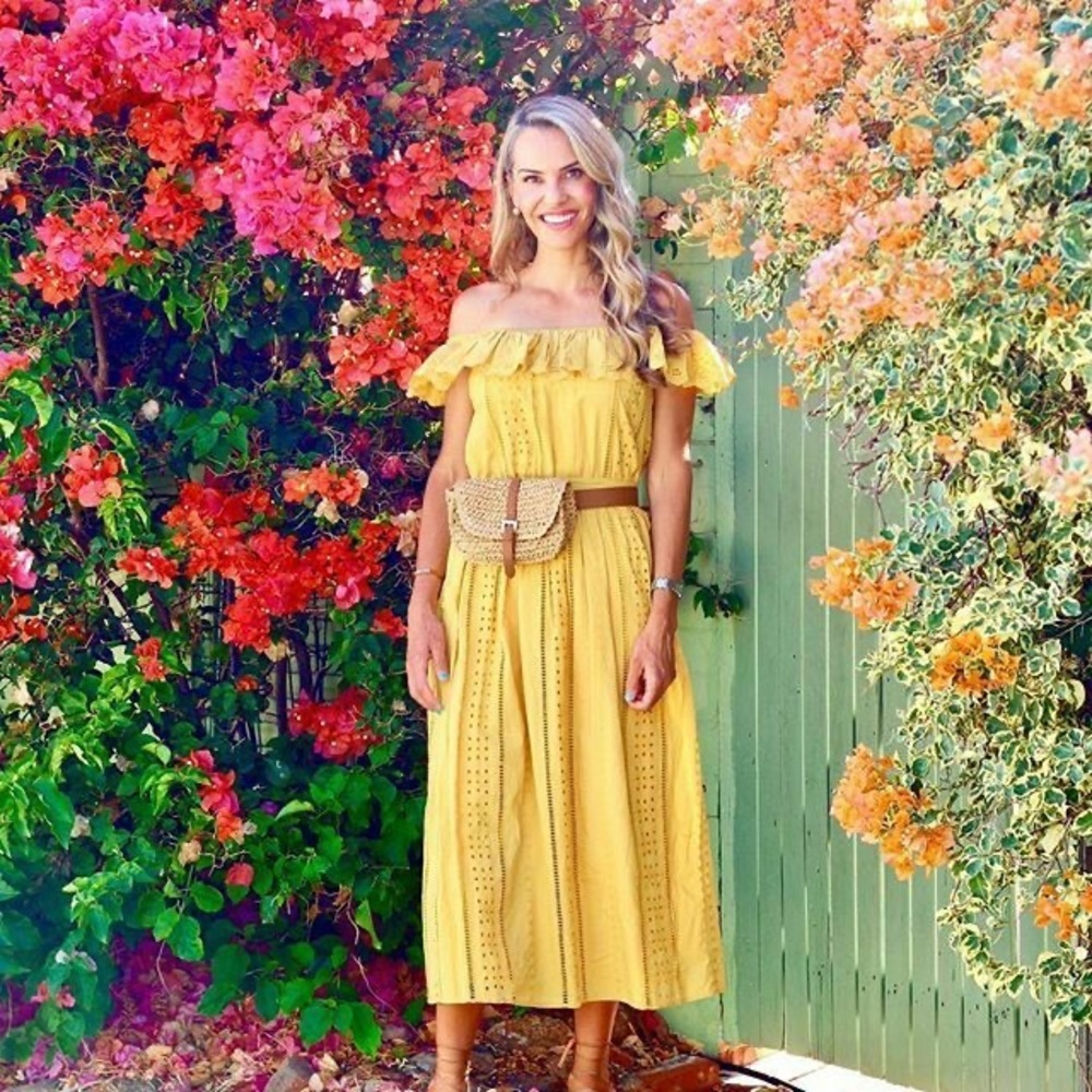ZARA MUSTARD OFF THE SHOULDER EMBROIDERED MIDI FRILL DRESS SMALL NEW WITH TAGS